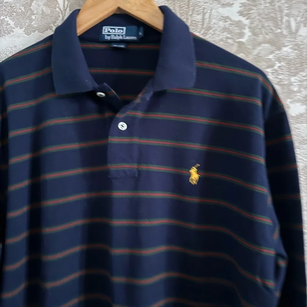 Vintage 90s Polo by Ralph Lauren Men's Long-Sleeve Navy Stripe Polo